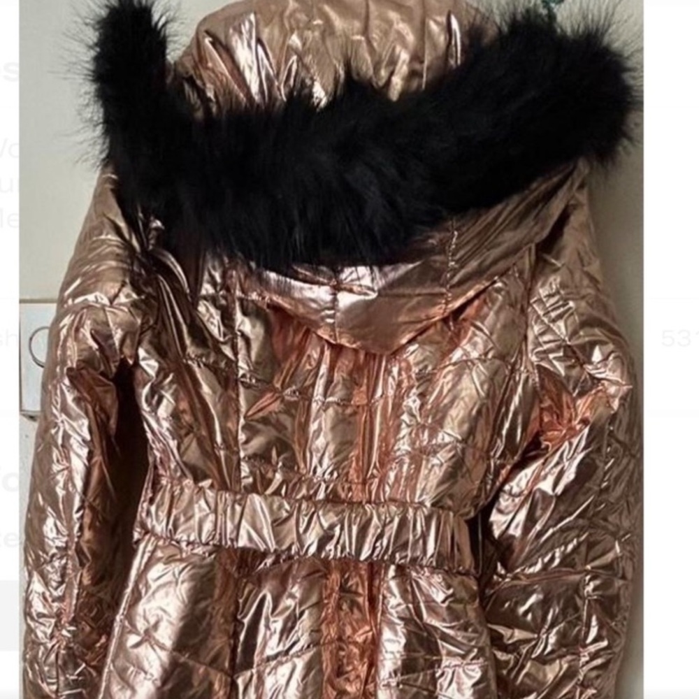 Women’s Rose Gold Quilted Snow Suit ski with Faux Fur Hood & Belt S / M - Picture 6 of 7